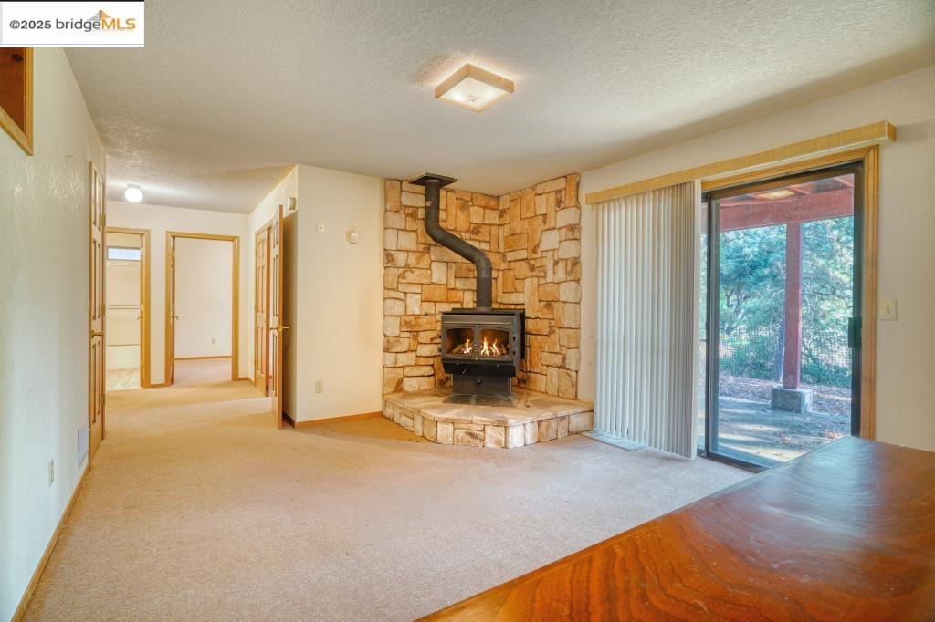 19195 Ferretti Road Groveland, CA 95321 - Photo 21 of 51 Unfurnished 2nd Family Room featuring a wood stove, carpet flooring, and a textured ceiling