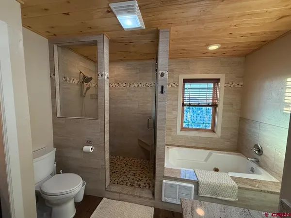 a bathroom with a bathtub and shower
