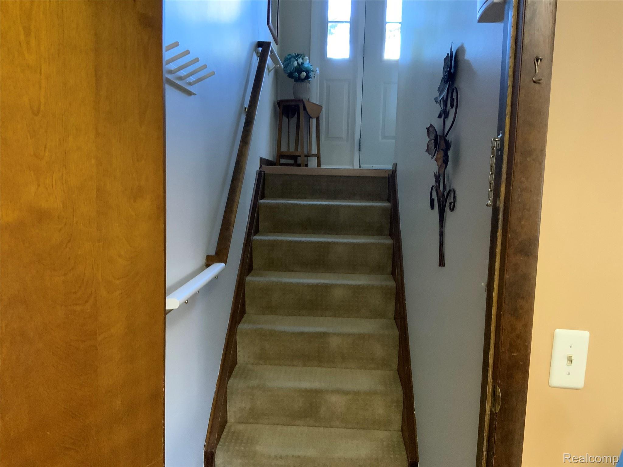 3828 Morgan Road Lake Orion, MI 48359 - Photo 17 of 39 Carpeted staircase with dark wood-finish handrail and white wall-mounted hand support