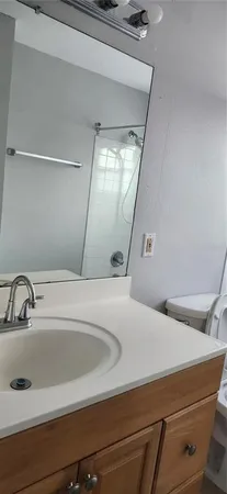 a bathroom with a sink and mirror