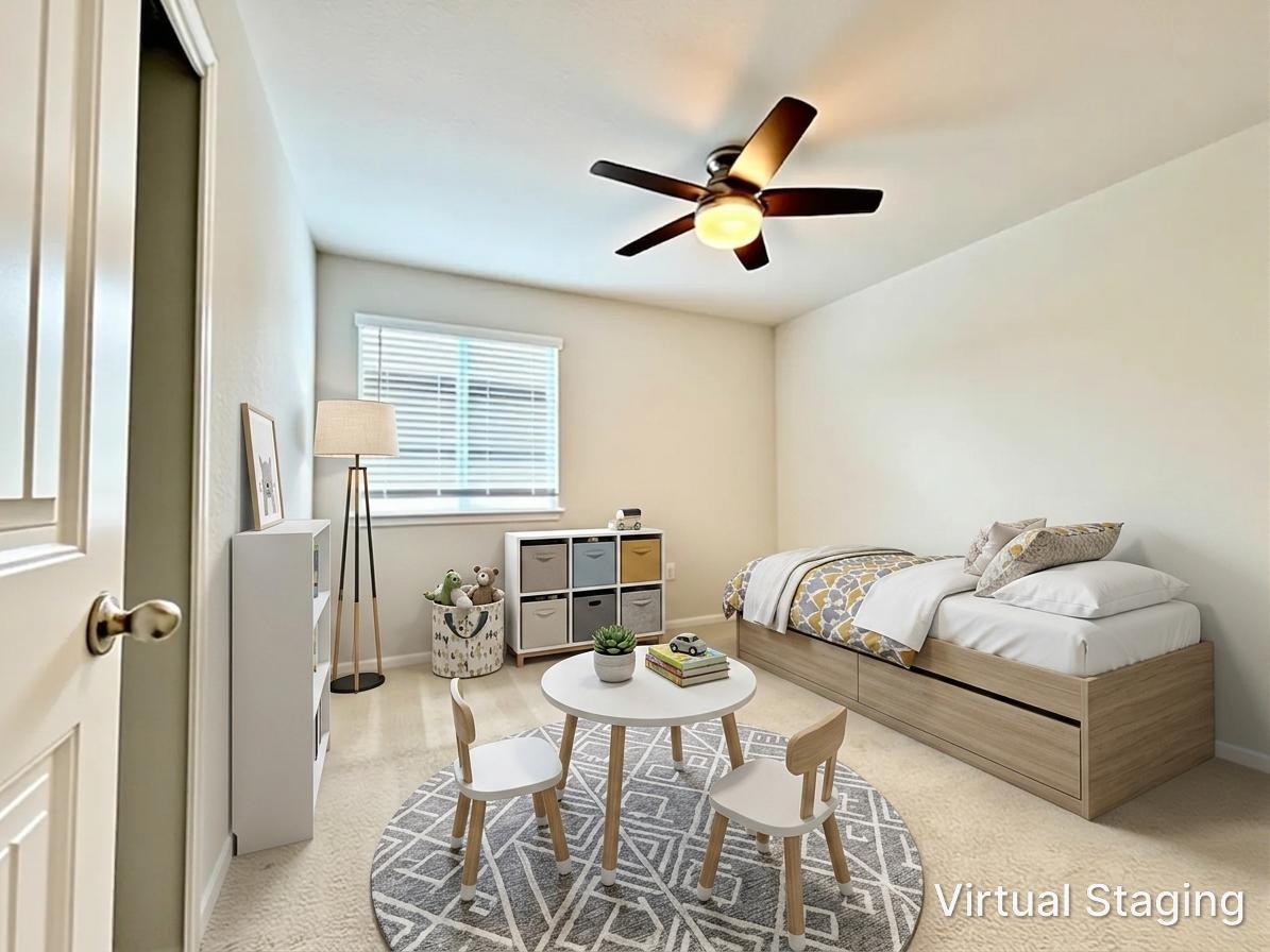 10502 Fulton Avenue Austin, TX 78754 - Photo 28 of 36 A well-lit bedroom provides ample space for rest and play, featuring carpet flooring and a ceiling fan.