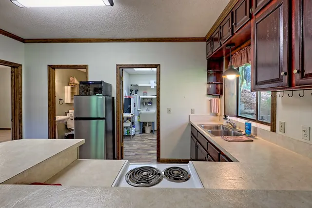 a front view of a house with a yard and trees
