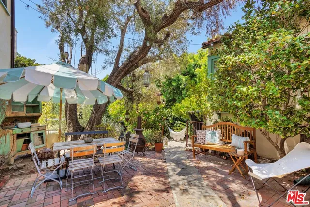 a backyard of a house with table and chairs