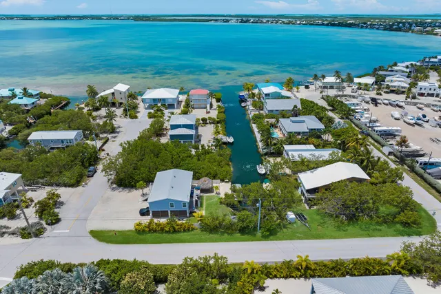 an aerial view of a house with a garden and lake view