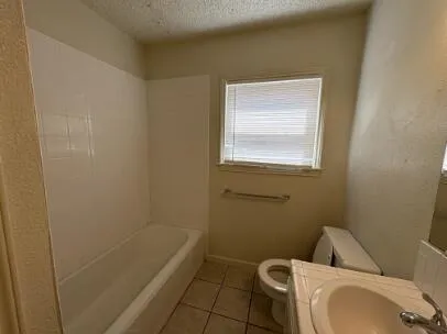 a bathroom with a toilet and bathtub
