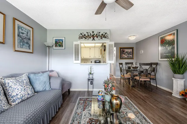 a living room with furniture and a potted plant