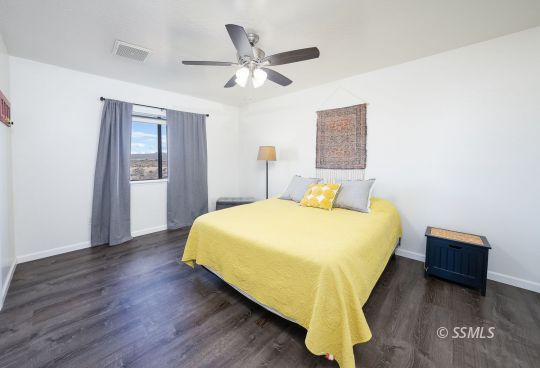 224 Richard Court Ridgecrest, CA 93555 - Photo 29 of 49 a bed room with a bed and a ceiling fan