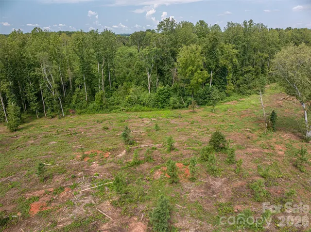 a view of a field with trees in the background
