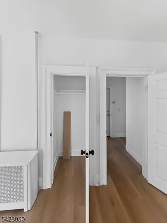 a view of a hallway with wooden floor and closet area