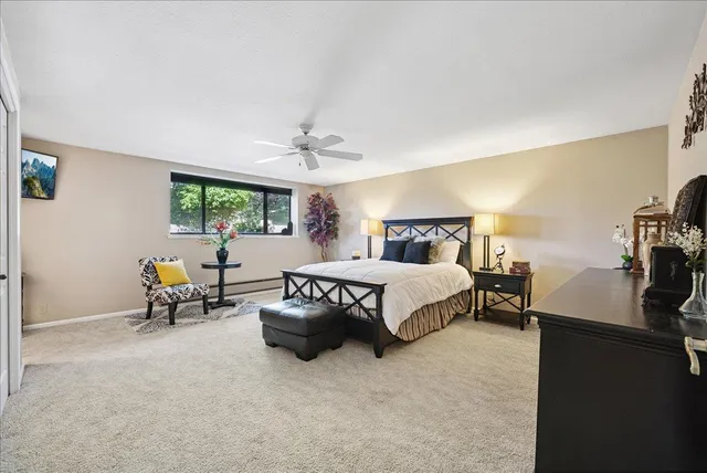 a bedroom with a bed and a couch