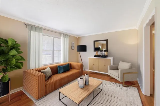 a living room with furniture and a potted plant