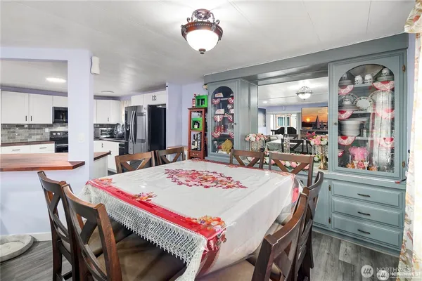 a view of a dining room with furniture