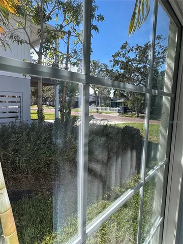a view of a white house with a yard plants and large tree