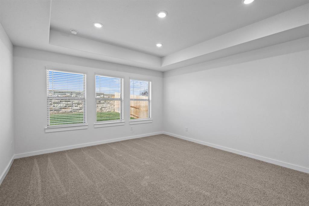 212 Brandywine Road Hutto, TX 78634 - Photo 10 of 35 Primary Bedroom with a raised tray ceiling, carpet flooring, and recessed lighting