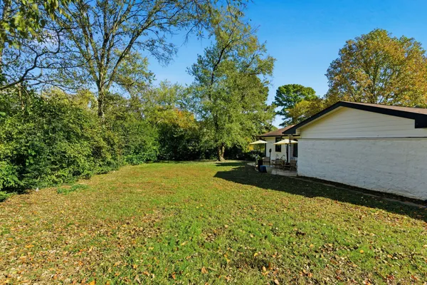 a view of backyard of house with green space