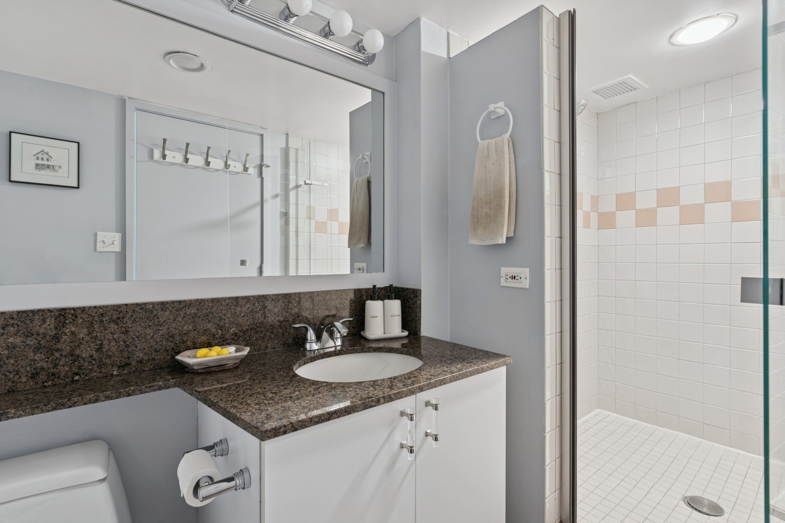 175 East Delaware Place, Unit 8504 Chicago, IL 60611 - Photo 17 of 22 a bathroom with a granite countertop sink and a mirror