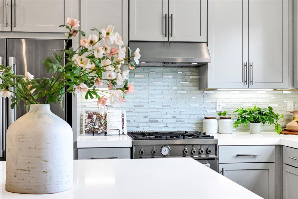 122 Ranch Lane Mountain View, CA 94040 - Photo 27 of 69 a kitchen with a stove a white cabinetry and a potted plant