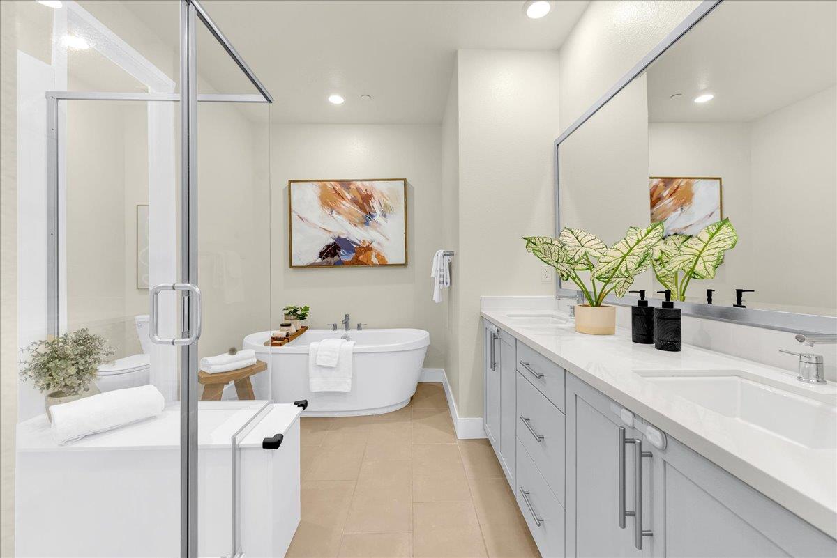 122 Ranch Lane Mountain View, CA 94040 - Photo 37 of 69 a bathroom with a double vanity sink a mirror and a potted plant