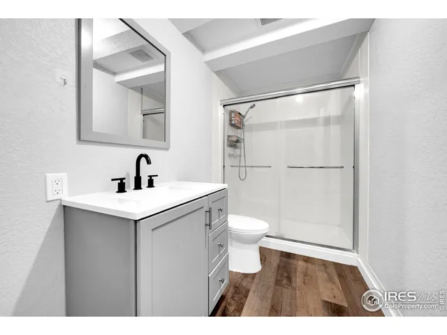 a bathroom with a sink a toilet a shower and a mirror