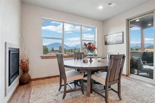 a view of a dining room with furniture window and outside view