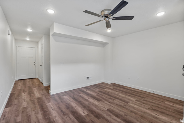 445 950 South Ogden, UT 84404 - Photo 5 of 28 Living room with dark wood-style floors, ceiling fan, and recessed lighting