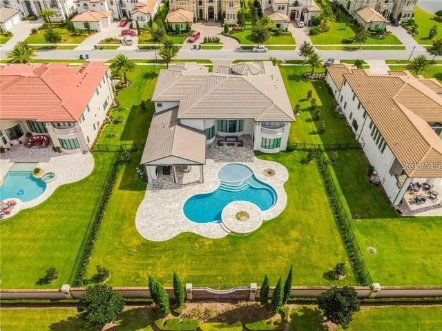 an aerial view of a swimming pool