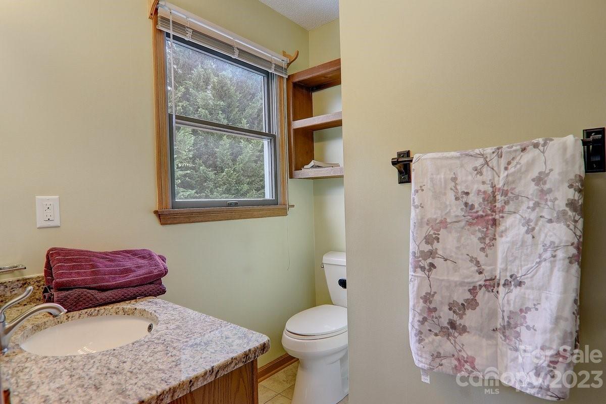 110 Oak Hill Road Candler, NC 28715 - Photo 17 of 37 a bathroom with a granite countertop toilet sink and mirror