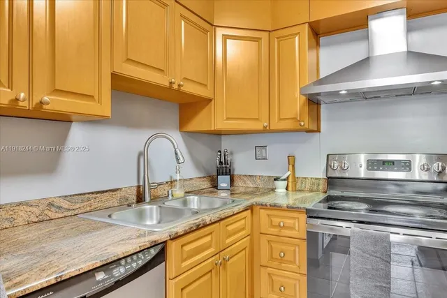 a kitchen with stainless steel appliances granite countertop a stove a sink and a microwave