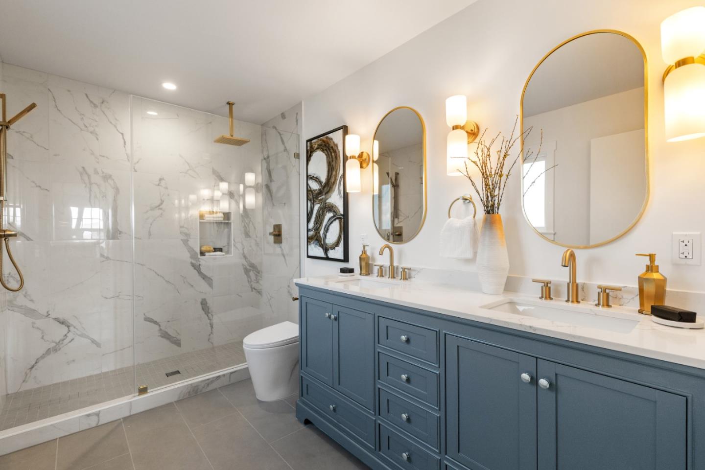 309 Channing Way Pacifica, CA 94044 - Photo 34 of 42 a spacious bathroom with a double vanity sink toilet and a mirror