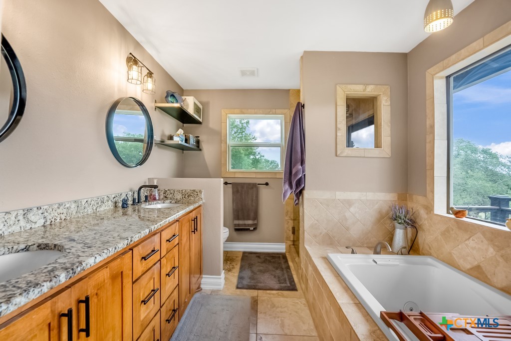 805 Sunrise Trail Spring Branch, TX 78070 - Photo 20 of 25 a bathroom with a tub double vanity sink and a large mirror