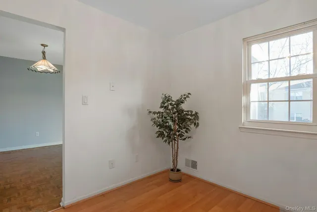 an empty room with a potted plant and a window