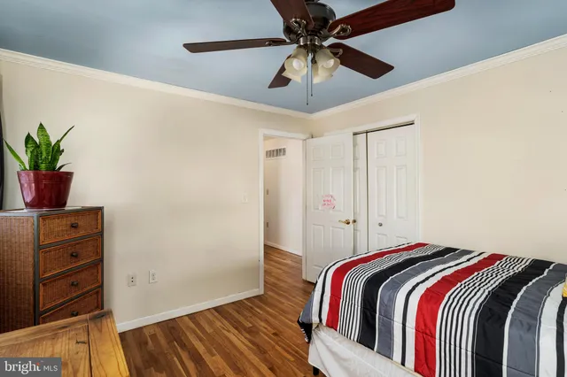 a bedroom with a bed a dresser and potted plant