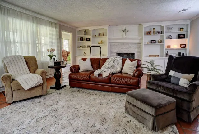 a living room with furniture or couch and a fireplace