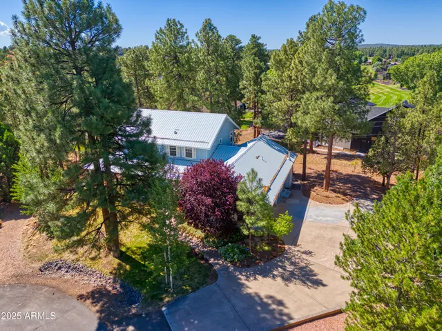 an aerial view of residential houses with outdoor space and trees