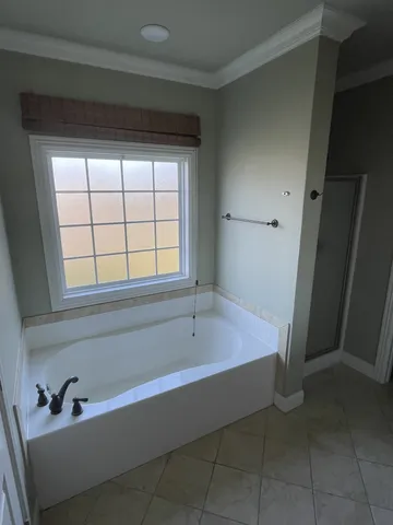a bathroom with a bathtub and a shower