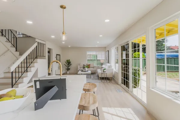 a living room with furniture and a potted plant