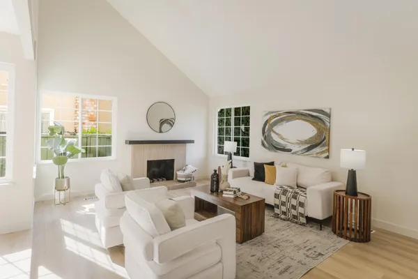 a living room with couches a fireplace and a potted plant next to a window