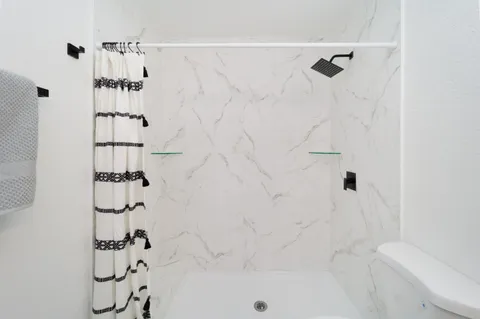 a bathroom with a shower and a toilet
