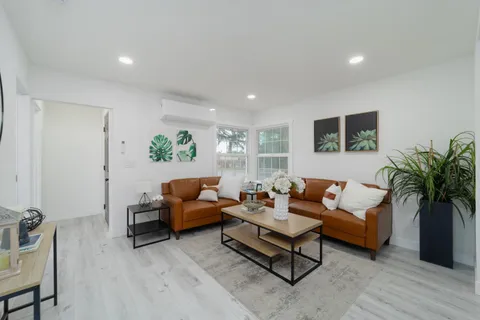a living room with furniture and a potted plant