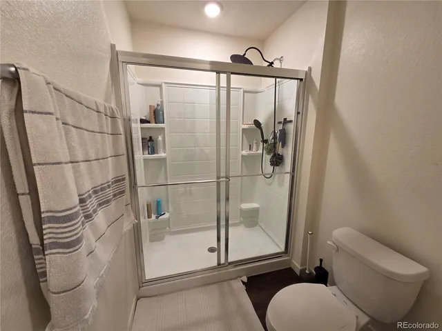 a bathroom with a shower a toilet and a mirror