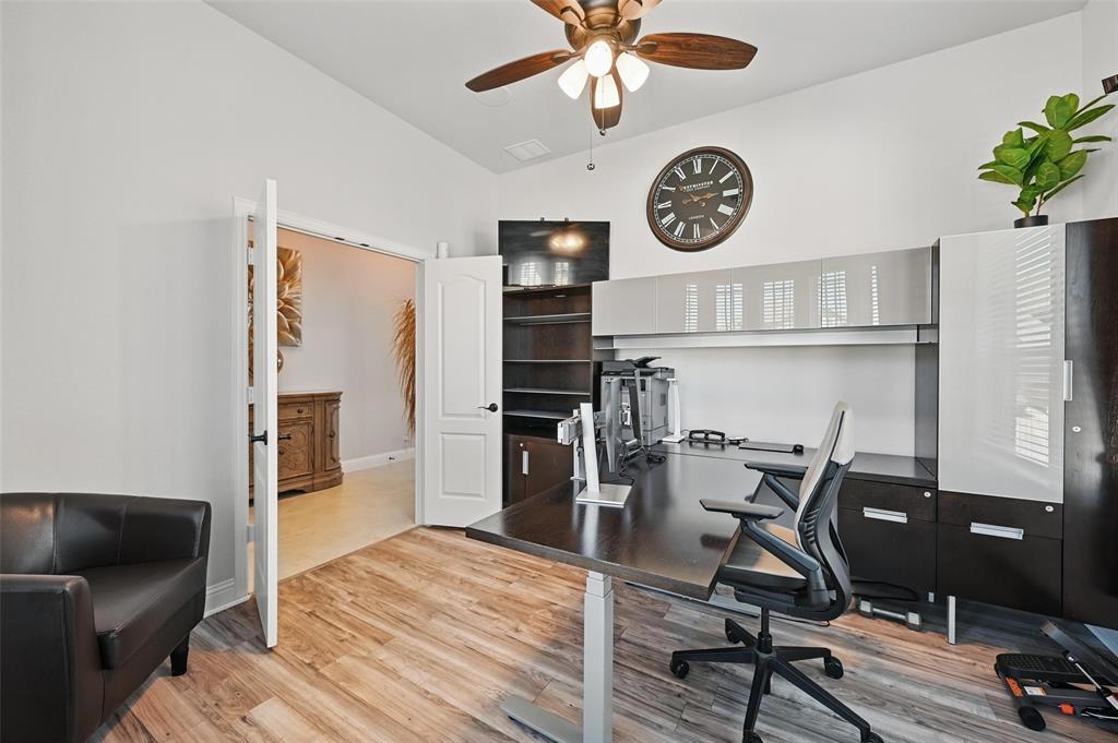 625 Ridgewater Trail Fort Worth, TX 76131 - Photo 23 of 27 Office space with baseboards, a ceiling fan, wood finished floors, and lofted ceiling