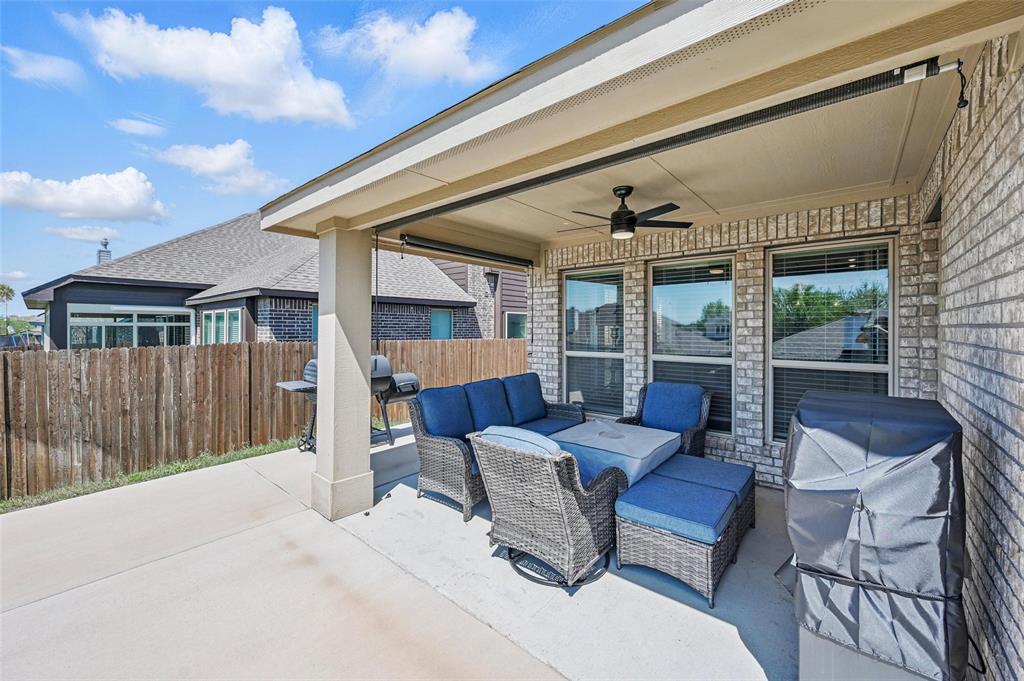 625 Ridgewater Trail Fort Worth, TX 76131 - Photo 24 of 27 View of patio / terrace with a ceiling fan, a grill, an outdoor hangout area, and fence