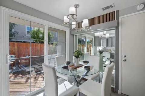 a view of a dining room with furniture window and outside view