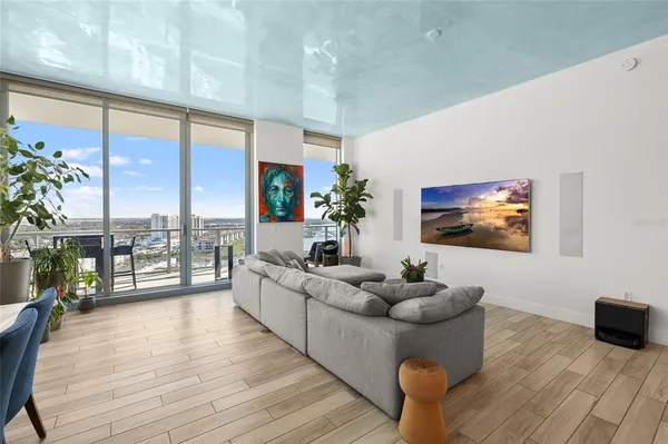 a view of a city from a dining room
