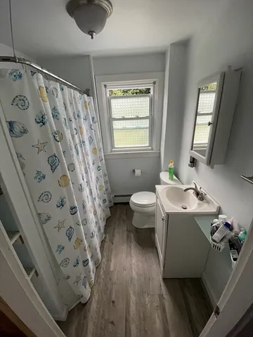 a bath room with a sink a toilet and a mirror
