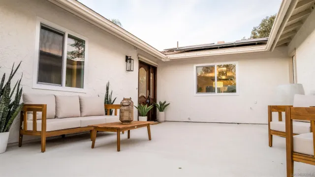 a living room with furniture a potted plant and a large window