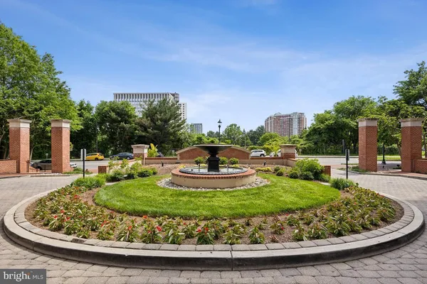 a view of a garden with a swimming pool
