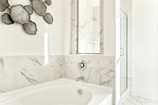 a bathroom with a bathtub and a shower