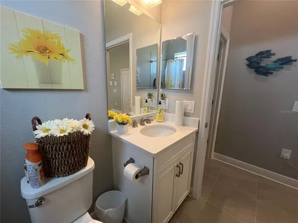 a bathroom with a sink toilet and mirror