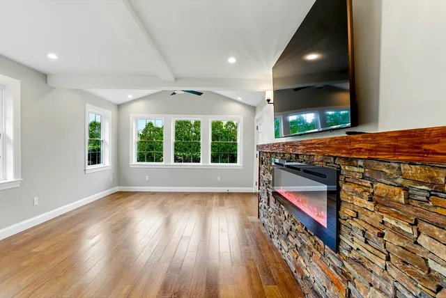 an outdoor space with seating area